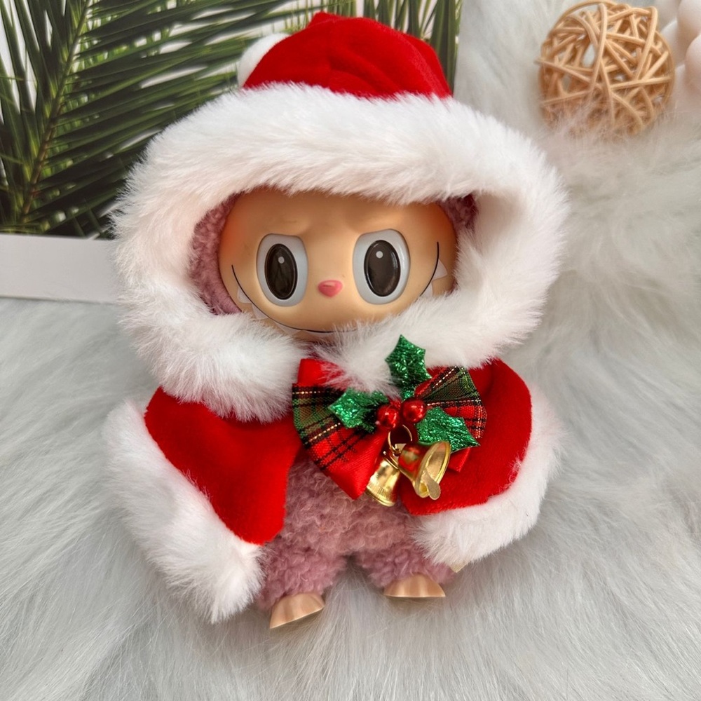 Labubu Clothes for Christmas Red Santa Cape, Plaid Bow, Bells and Mistletoe
